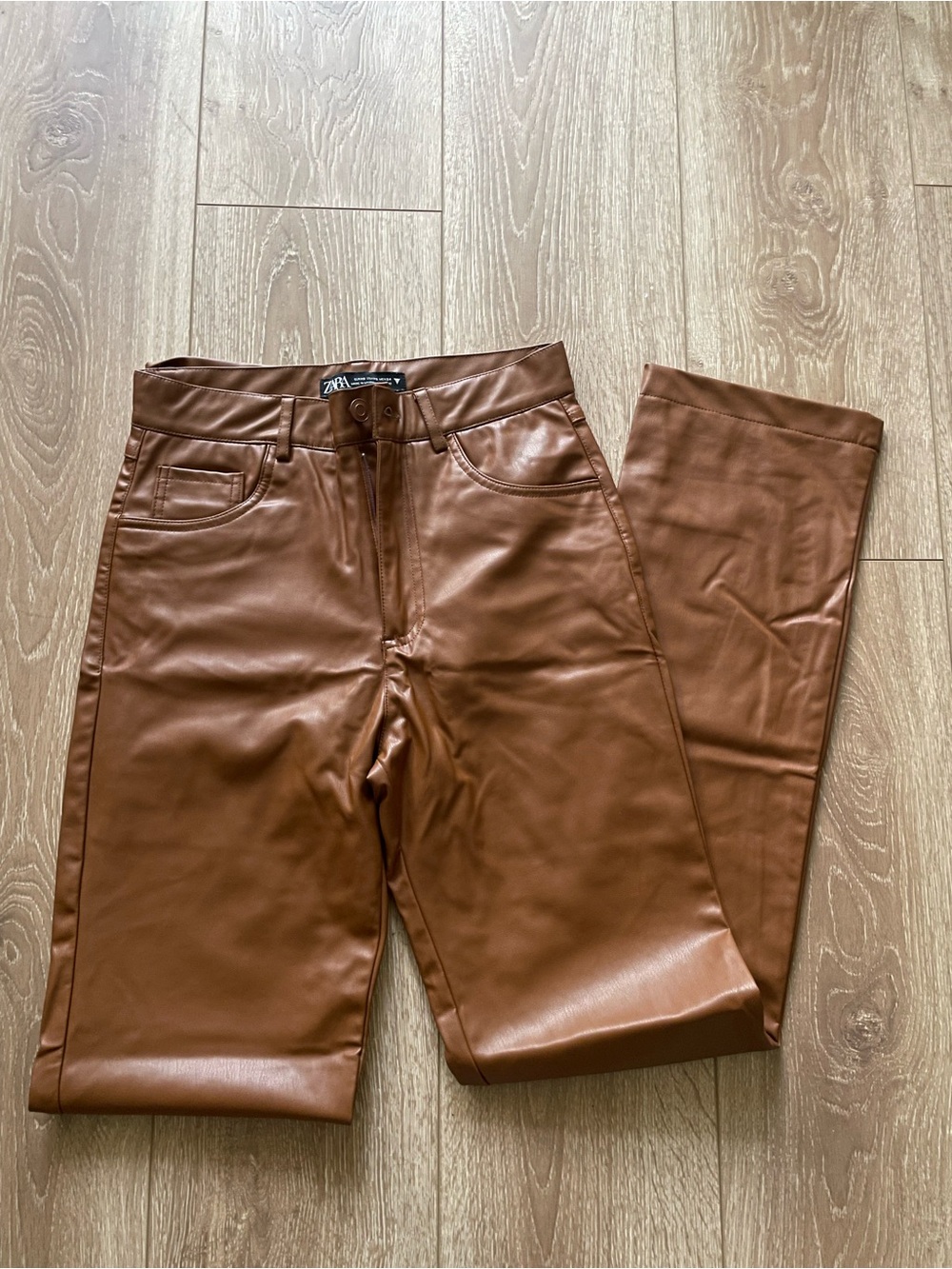 NWOT Zara Brown Faux Leather Straight-Leg Pants